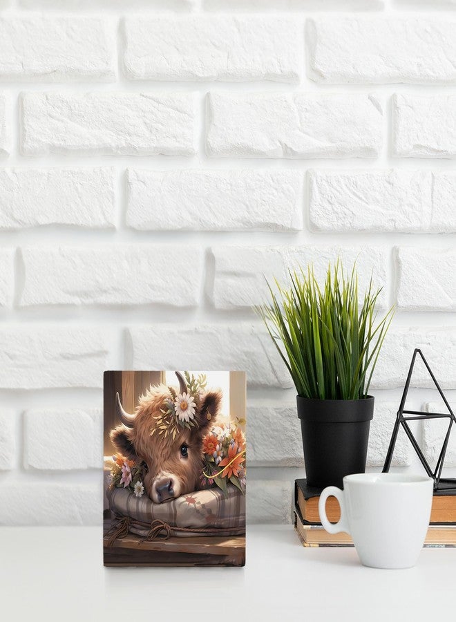 OFlich Highland Cow Wooden Signs - Highland Cow Decor, Summer Cow Wooden Signs for Home Decor 5x5, Floral Summer Signs - Image 2